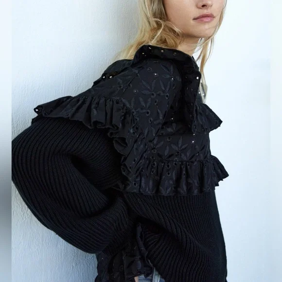 Zara nwt black lace crochet boho bohemian black knitted sweater top - Picture 2 of 7